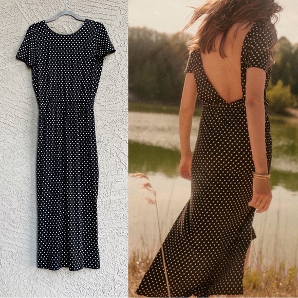 SEZANE Black & White Polka Dot Printed Open Back Organic Cotton Luce Midi Dress - Picture 10 of 14